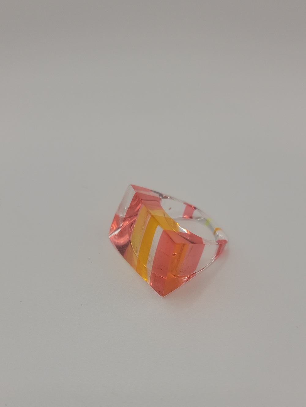 Vintage Striped Lucite Ring Clear with Pink and Yellow Stripe  Size 7/8